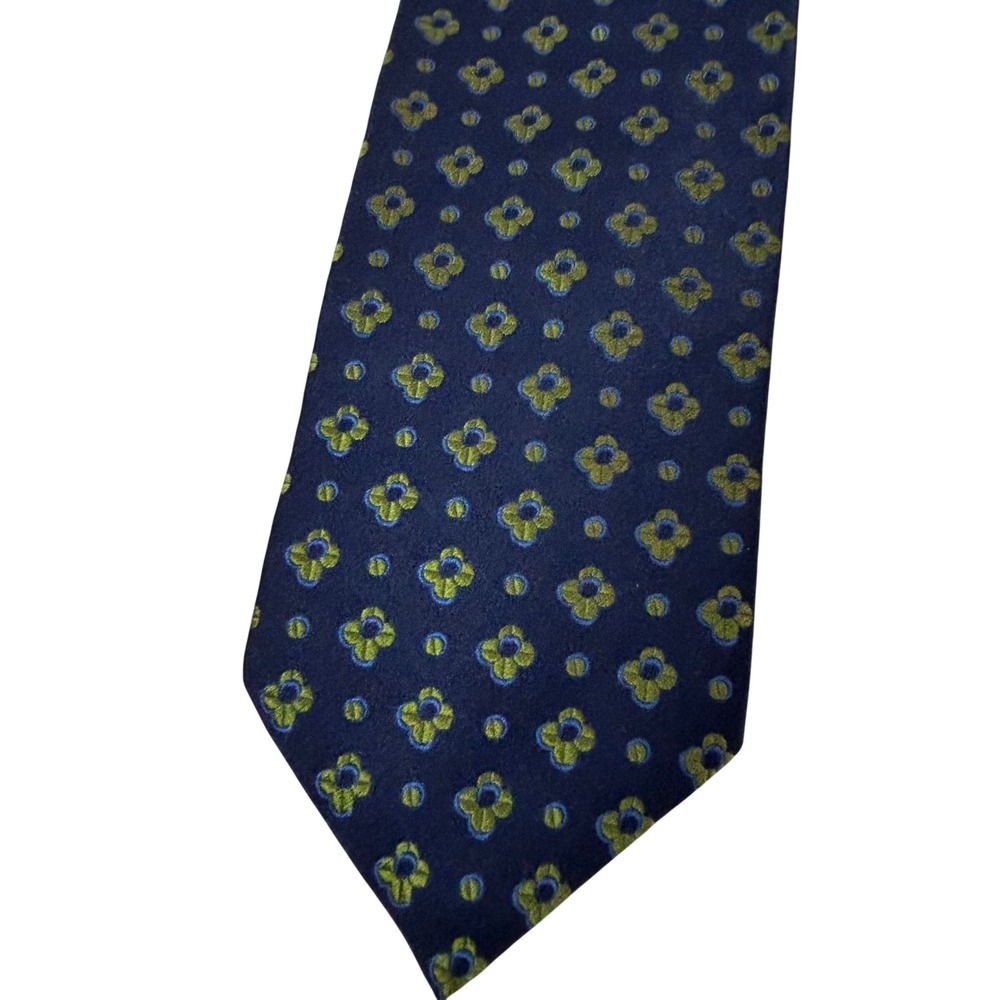 Romeo Gigli Mens Silk Tie Navy Blue Lime Green Floral Medallion Made in Italy